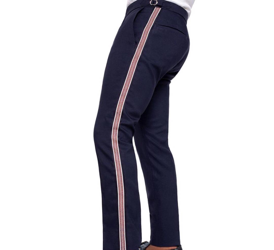 Navy Blue Slim-Fit Side Stripe Pants