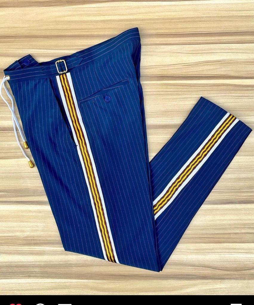 Navy Pinstripe Gold-Accent Pants