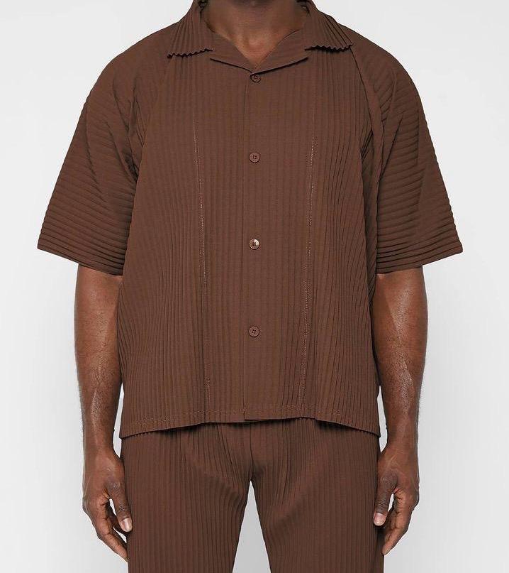 Brown Pleated Shirt & Pants Set