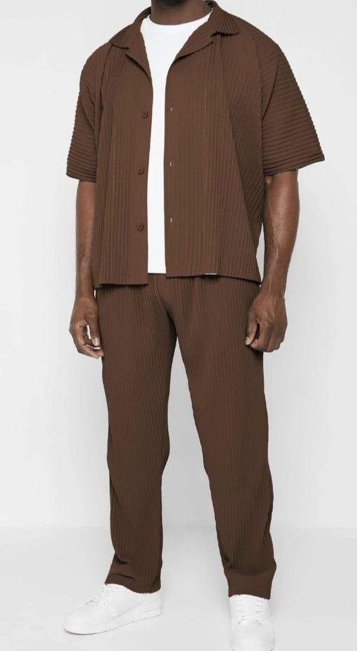 Brown Pleated Shirt & Pants Set