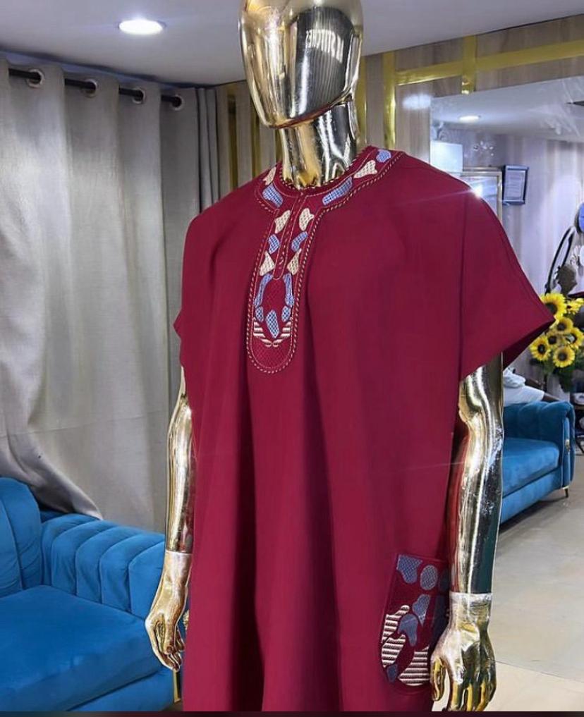 Crimson Traditional Kaftan with Ankara Accents