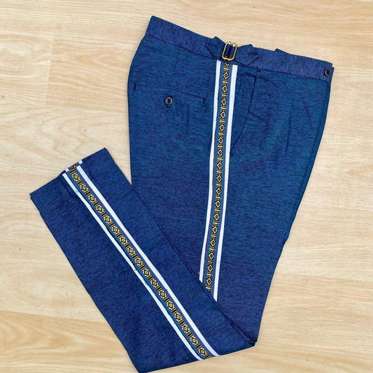 Navy Blue Side Stripe Pants with Gold Accents