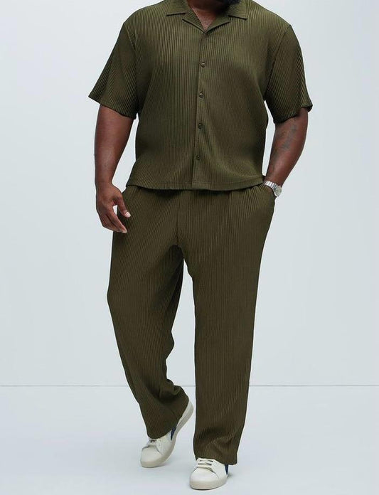 Olive Green Pleated Shirt & Pants Set