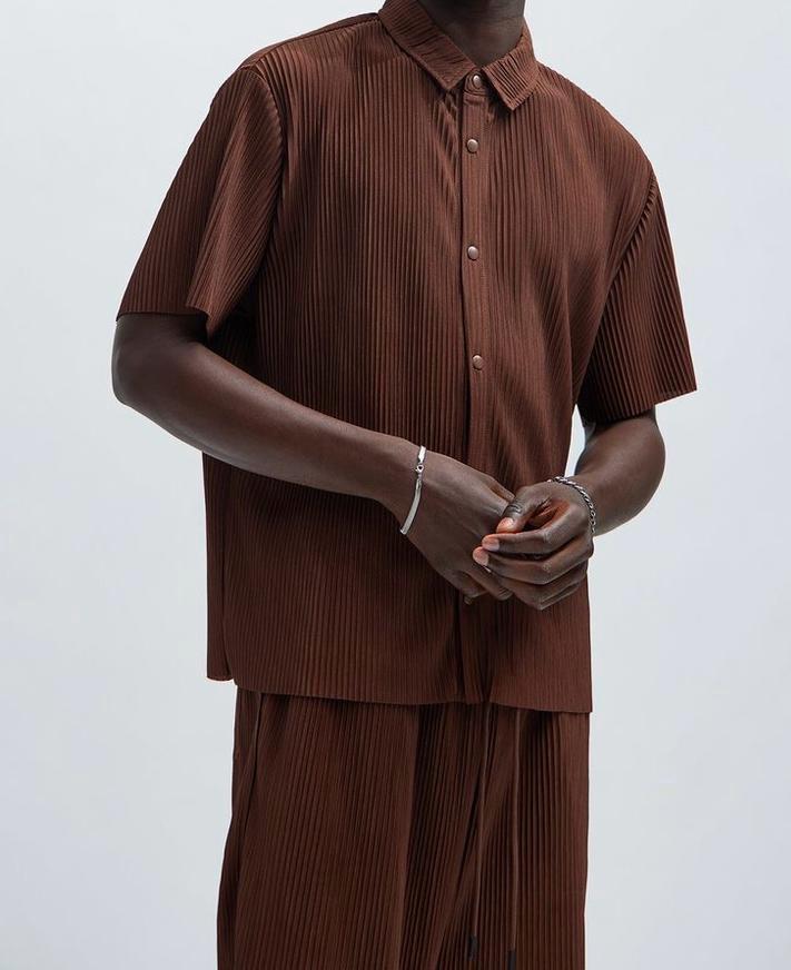 Brown Pleated Shirt & Pants Set