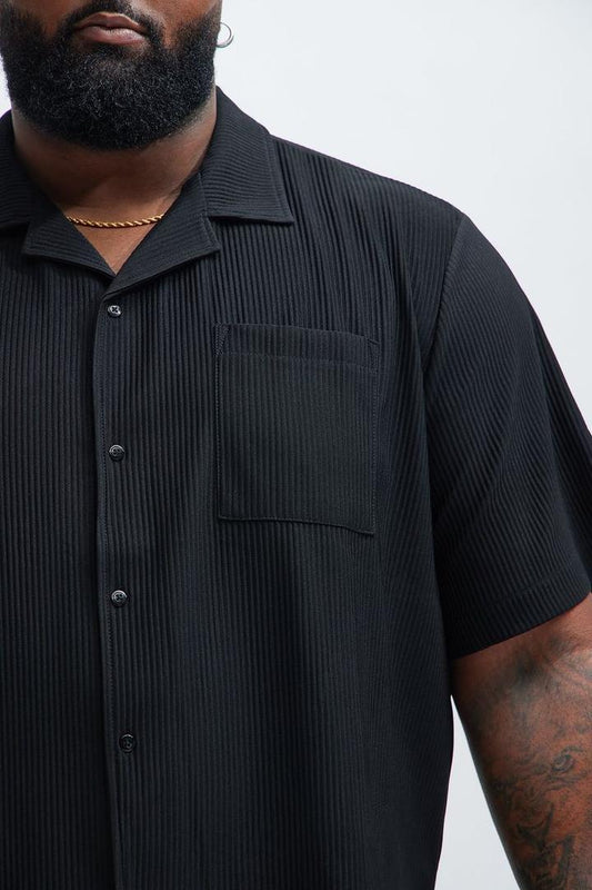 Black Pleated Button-Up Shirt