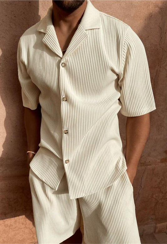 Cream Pleated Short Sleeve Shirt & Shorts Set