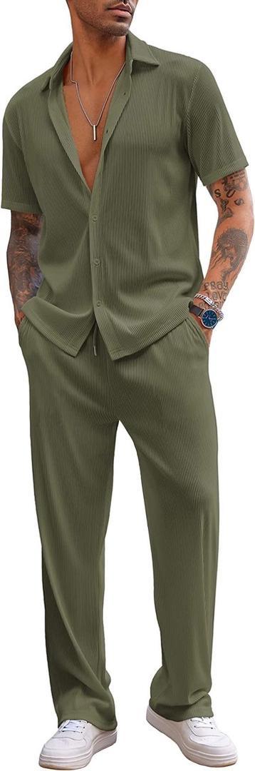 Olive Green Pleated Shirt & Pants Set